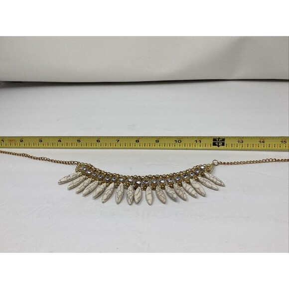 Necklace Gold Tone Clear Crystal White Veined Beads Claw-ish Shape Bib - Picture 12 of 12